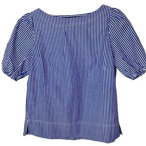 J. Crew White Blue Cotton Boatneck Puff Sleeve‎ Top XXS